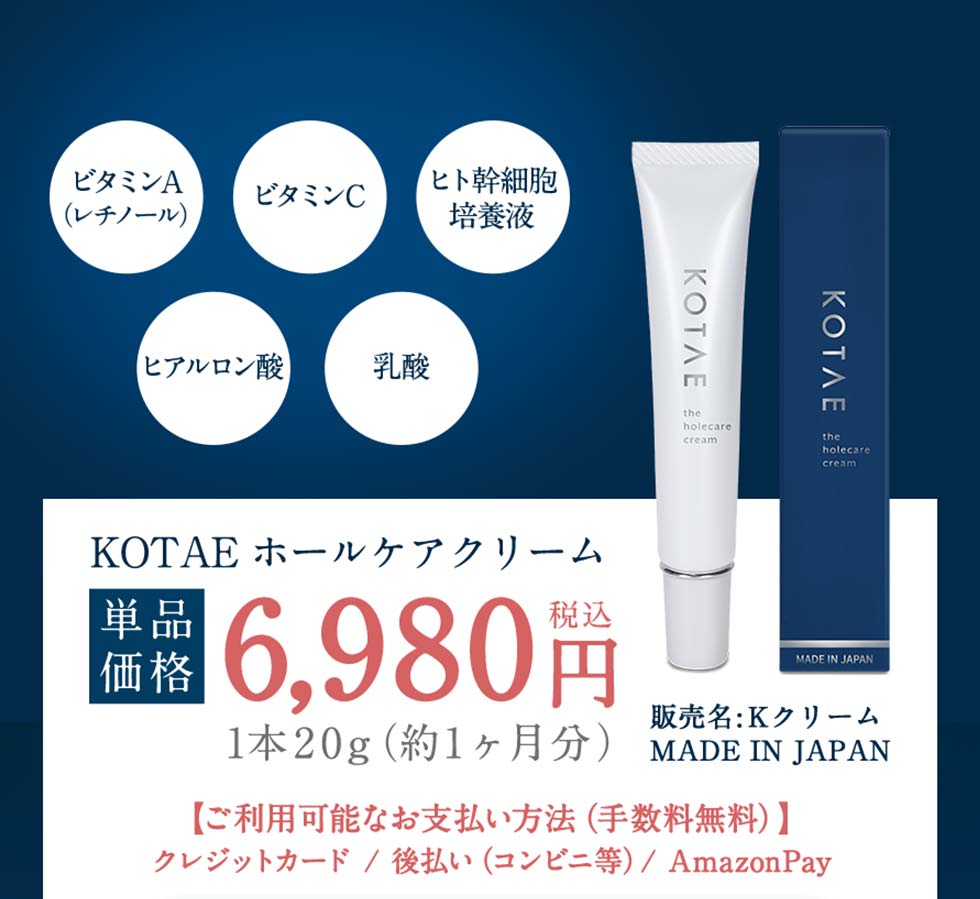 毛穴と戦うマルチな成分配合、KOTAEホールケアクリーム単品価格6,980円税込、MADE IN JAPAN