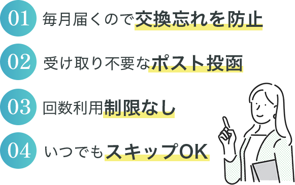 定期購入のメリット 毎月届くので交換忘れを防止 受け取り不要なポスト投函 回数利用制限なし 回数利用制限なし