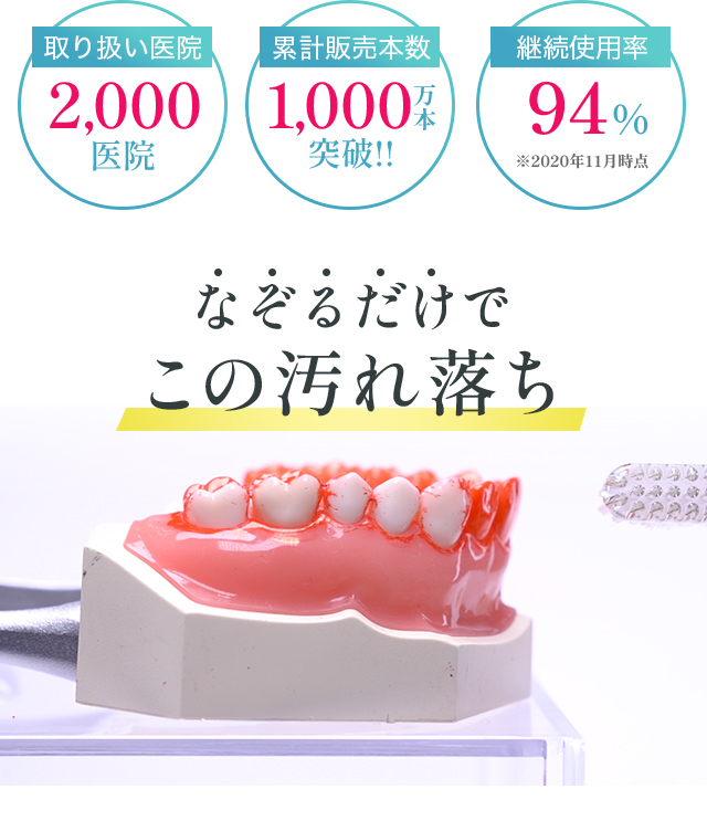 取り扱い医院2,000医院、累計販売本数1,000万本突破、継続使用率94%　なぞるだけでこの汚れ落ち